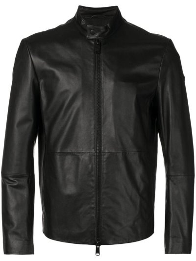 Black Armani Emporio Zipped Leather Men's Jackets | UAE22887