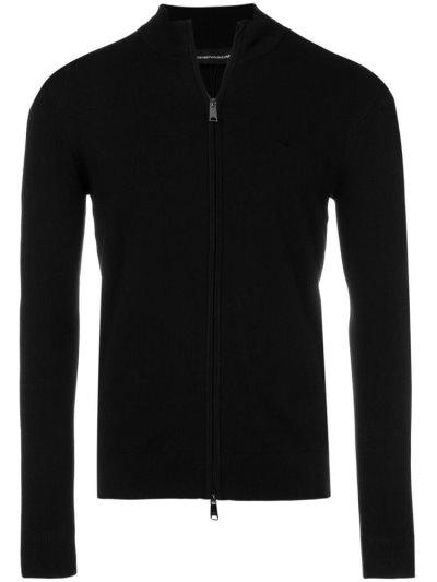 Black Armani Emporio Zipped Logo Men's Cardigan | UAE57004