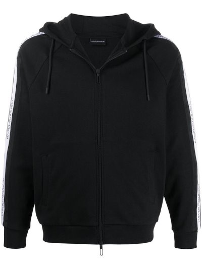 Black Armani Emporio Zipped Logo Stripe Men's Hoodie | UAE74986
