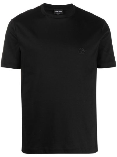 Black Giorgio Armani Logo Embroidered Men's T Shirts | UAE95096