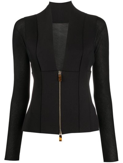 Black Giorgio Armani Plunge Neck Zip Through Women's Jackets | UAE55258