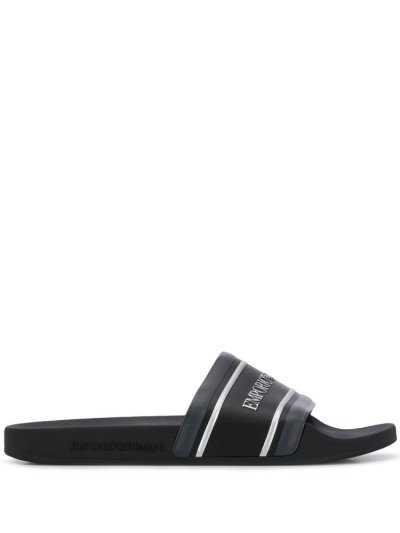 Black / Blue Armani Emporio Logo Print Flat Men's Slides | UAE34895