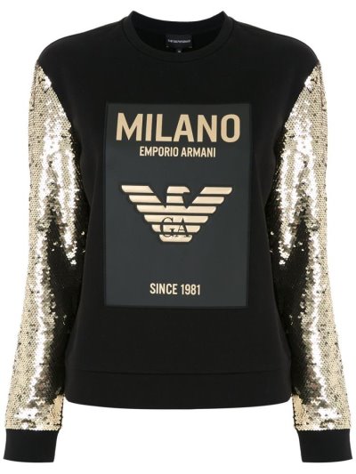 Black / Gold Armani Emporio Sequinned Sleeve Cotton Women's Sweatshirts | UAE77748