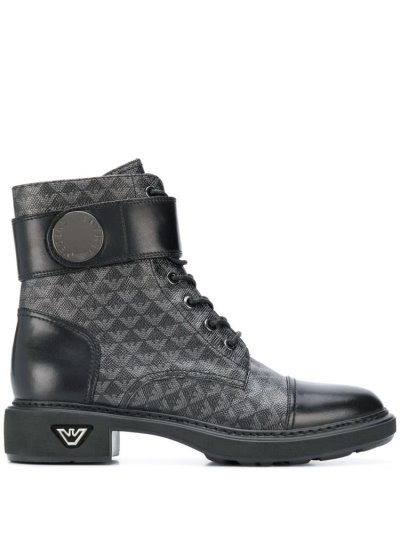 Black / Grey Armani Emporio Logo Print Combat Women's Boots | UAE56468