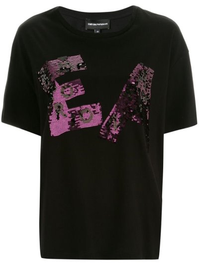 Black / Purple Armani Emporio Sequinned Logo Boxy Women's T Shirts | UAE88491