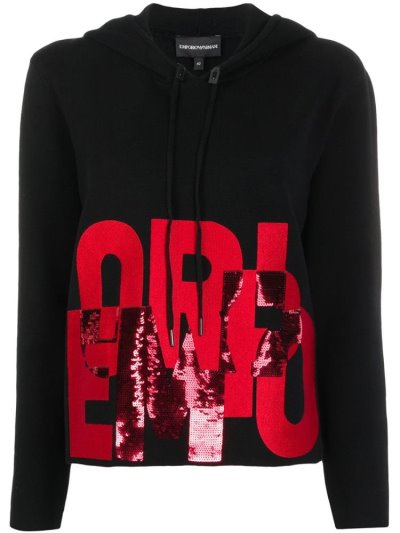 Black / Red Armani Emporio Sequin Logo Women's Hoodie | UAE86172