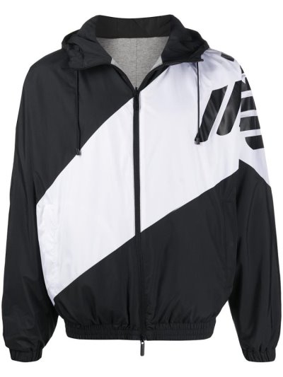 Black / White Armani Emporio Colour Block Logo Print Windbreaker Men's Coats | UAE28905