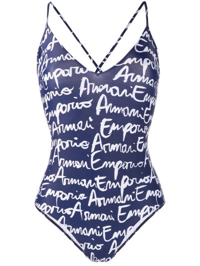 Black / White Armani Emporio Logo Print Crisscross Back Women's Swimsuits | UAE54377