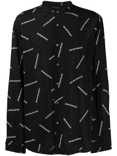 Black / White Armani Emporio Logo Print Collarless Men's Shirts | UAE83538