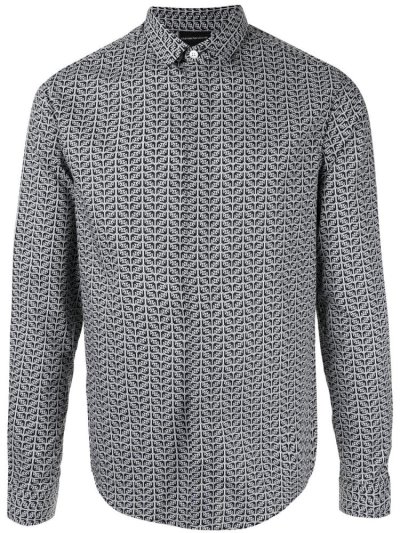 Black / White Armani Emporio Long Sleeve Logo Print Men's Shirts | UAE66026