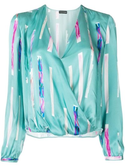 Blue Armani Emporio Abstract Print Wrap Women's Blouse | UAE96978