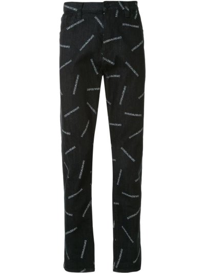 Blue Armani Emporio All Over Logo Print Slim Fit Men's Jeans | UAE40378