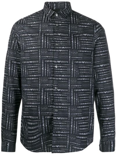 Blue Armani Emporio All Over Logo Men's Shirts | UAE64089