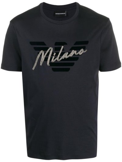 Blue Armani Emporio Bead Embellished Logo Men's T Shirts | UAE55335