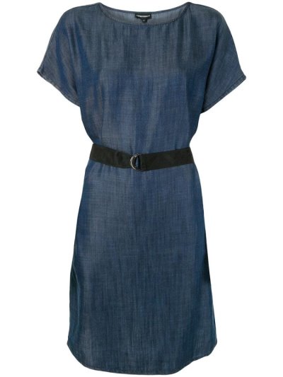 Blue Armani Emporio Belted Denim Women's Dress | UAE39249