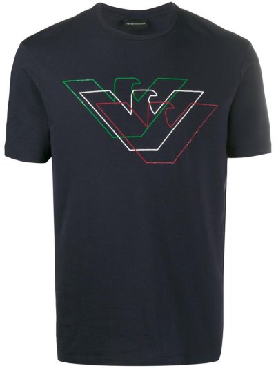 Blue Armani Emporio Crew Neck Logo Printed Men's T Shirts | UAE56637