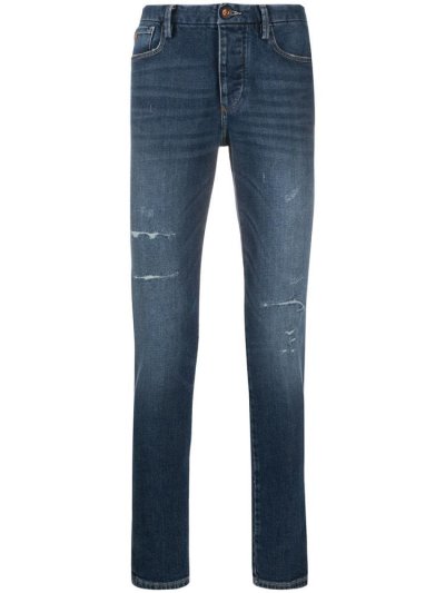 Blue Armani Emporio Distressed Mid Rise Skinny Men's Jeans | UAE97067