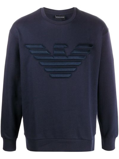 Blue Armani Emporio Eagle Embroidered Round Neck Men's Sweatshirts | UAE50208