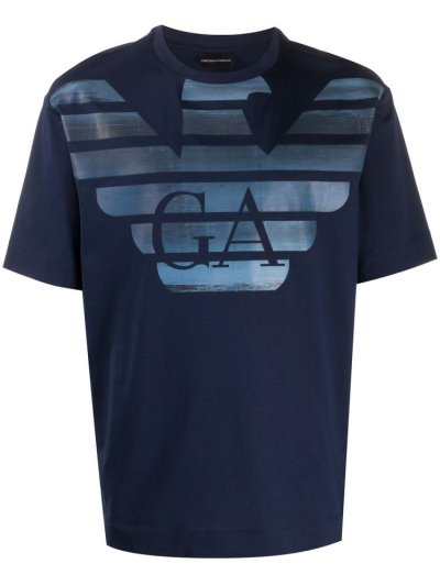 Blue Armani Emporio Eagle Logo Print Round Neck Men's T Shirts | UAE05998