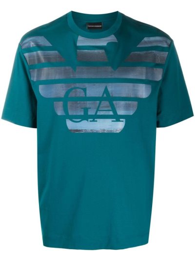 Blue Armani Emporio Eagle Logo Print Round Neck Men's T Shirts | UAE46070