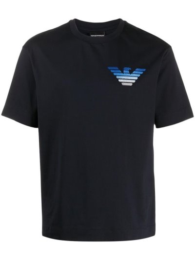 Blue Armani Emporio Embroidered Logo Men's T Shirts | UAE13783