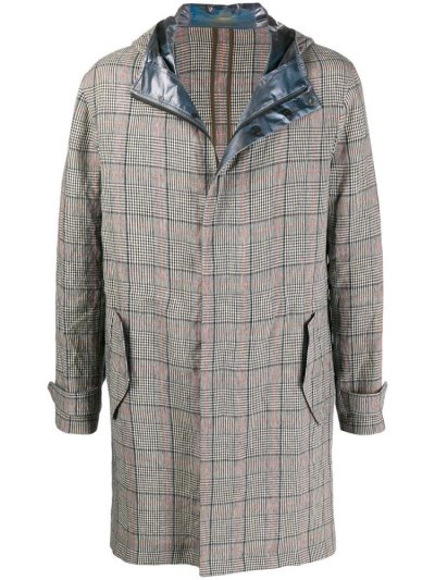 Blue Armani Emporio Hooded Checked Print Men's Coats | UAE63617