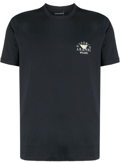 Blue Armani Emporio Logo Appliqué Crew Neck Men's T Shirts | UAE58904