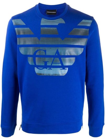 Blue Armani Emporio Logo Crew Neck Men's Sweatshirts | UAE74403