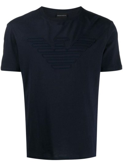 Blue Armani Emporio Logo Embroidered Men's T Shirts | UAE37832