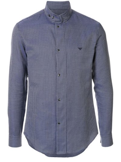 Blue Armani Emporio Logo Embroidered Check Men's Shirts | UAE59308