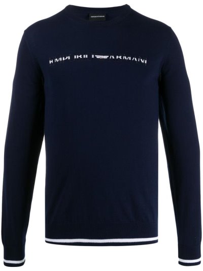 Blue Armani Emporio Logo Knit Men's Jumpers | UAE30138