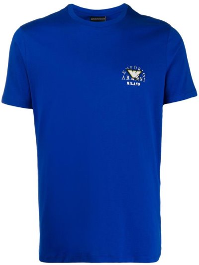 Blue Armani Emporio Logo Patch Crew Neck Men's T Shirts | UAE79354