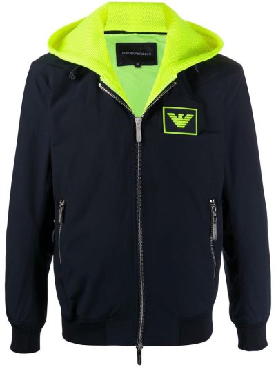 Blue Armani Emporio Logo Patch Hooded Men's Jackets | UAE34551