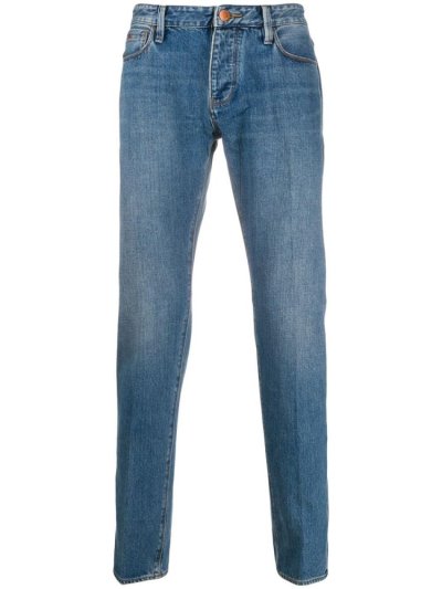 Blue Armani Emporio Logo Plaque Mid Rise Straight Leg Men's Jeans | UAE34271