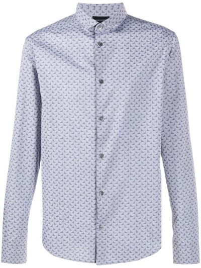 Blue Armani Emporio Logo Print Cotton Men's Shirts | UAE53480