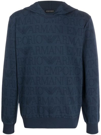 Blue Armani Emporio Logo Print Men's Hoodie | UAE16885