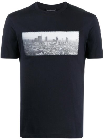Blue Armani Emporio Logo Print Men's T Shirts | UAE83725