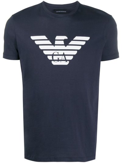 Blue Armani Emporio Logo Stamp Men's T Shirts | UAE51414