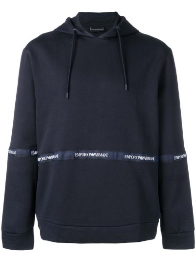 Blue Armani Emporio Logo Stripe Men's Hoodie | UAE35501