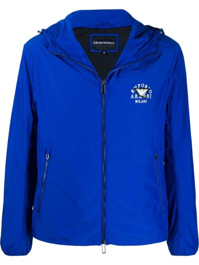 Blue Armani Emporio Logo Zipped Hooded Men's Jackets | UAE41065