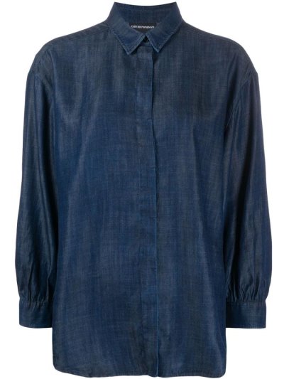 Blue Armani Emporio Long Sleeve Denim Women's Shirts | UAE84447