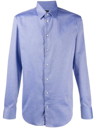 Blue Armani Emporio Long Sleeve Fitted Men's Shirts | UAE76867