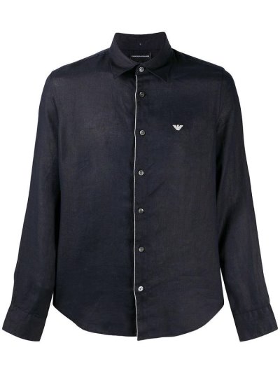 Blue Armani Emporio Long Sleeve Linen Men's Shirts | UAE01439