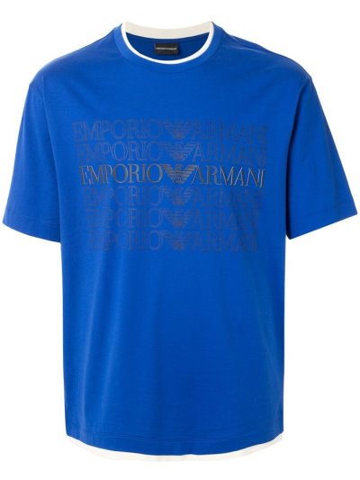 Blue Armani Emporio Multi Logo Print Men's T Shirts | UAE52793