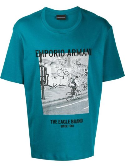 Blue Armani Emporio Photographic Print Men's T Shirts | UAE85488