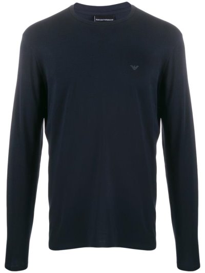 Blue Armani Emporio Printed Logo Long Sleeve Men's T Shirts | UAE38589