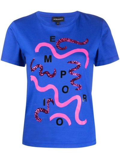 Blue Armani Emporio Sequin Embellished Printed Women's T Shirts | UAE56608