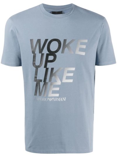 Blue Armani Emporio Slogan Print Men's T Shirts | UAE74952