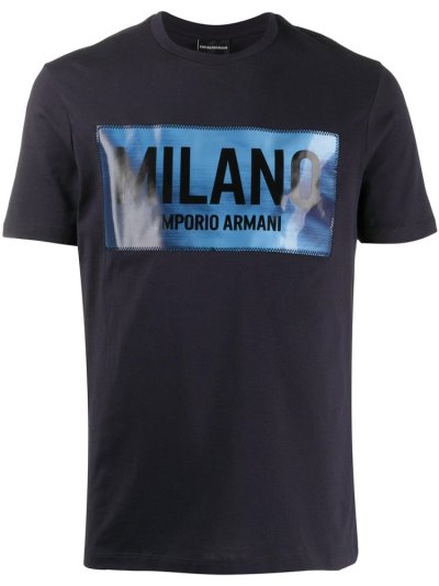 Blue Armani Emporio Stitched Logo Men's T Shirts | UAE98497