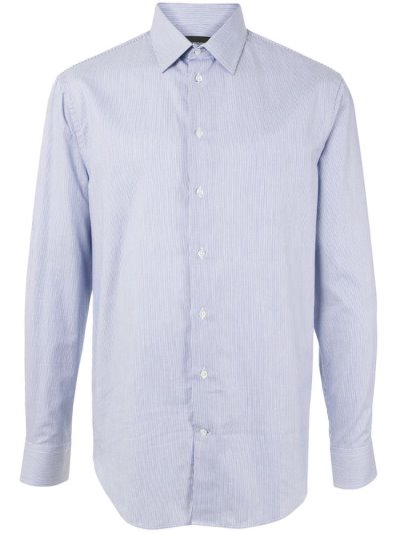 Blue Armani Emporio Striped Print Buttoned Men's Shirts | UAE83184